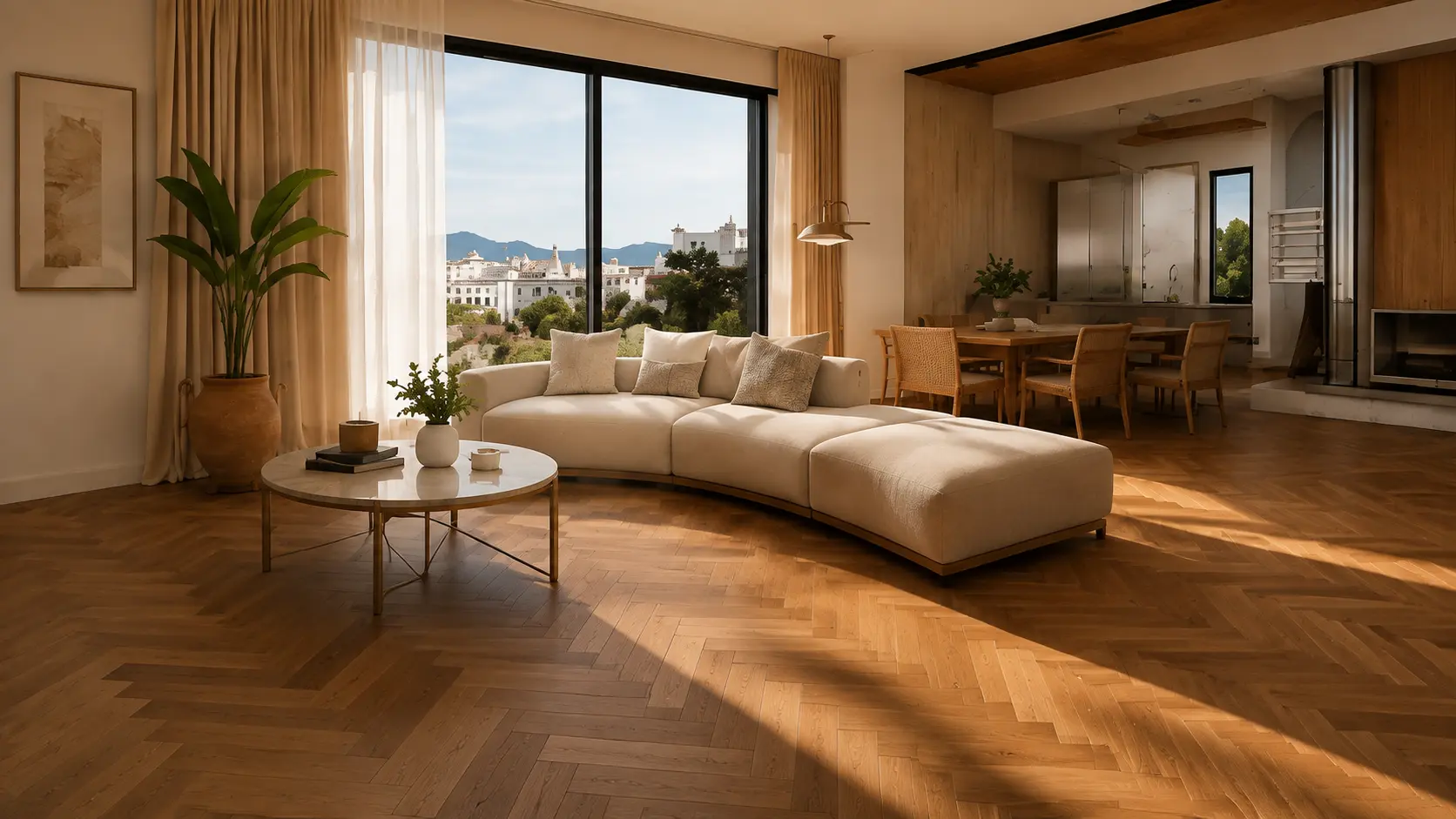 Interior mediterráneo contemporáneo con suelo de madera en Almería